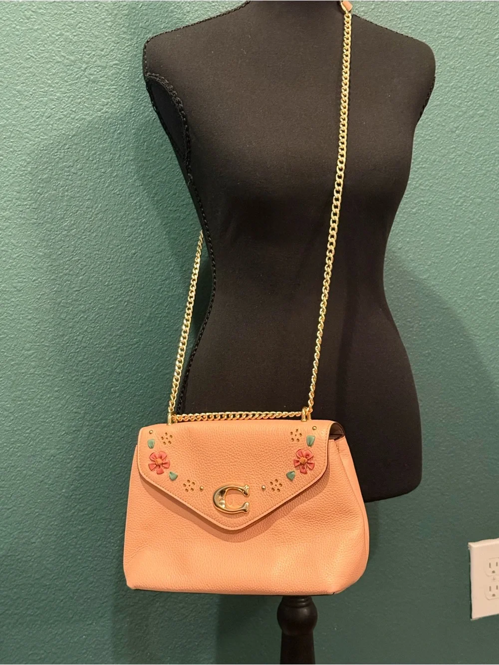 Coach Peach Pink Floral Pebbled Leather Shoulder Bag with Chain Strap